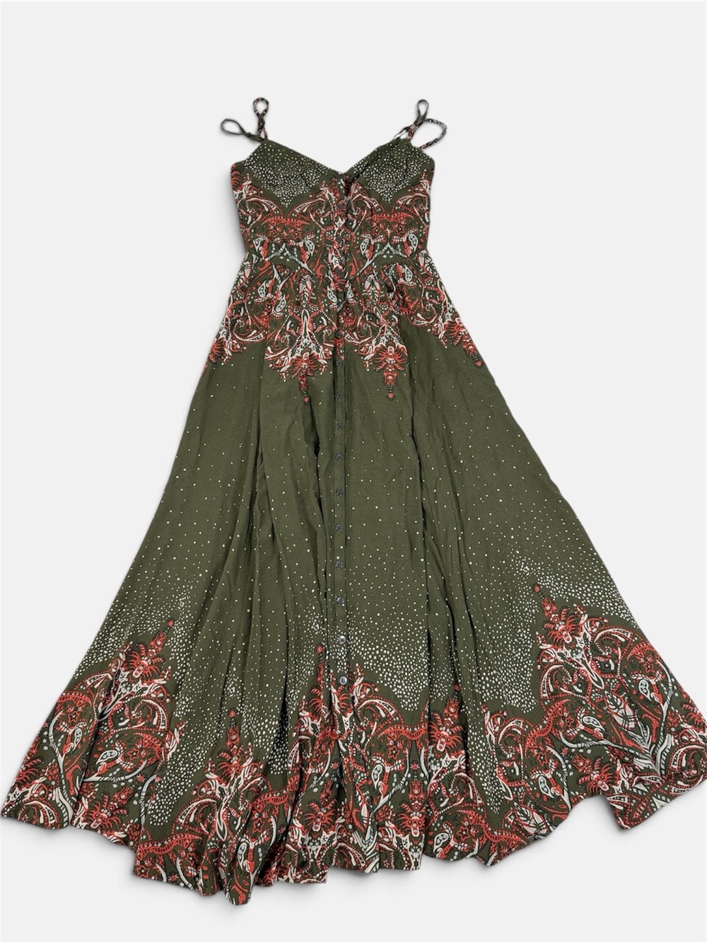 Free People Olive Green Bohemian Midi Dress with Coral Rust Print